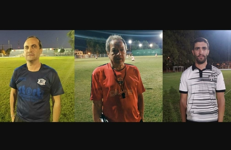 Agosto (ASAC), Yassogna (CAT), y Sebastián Mori (CAU), los DTs de los equipos de la ciudad.