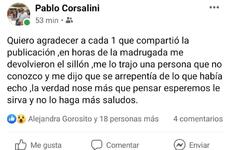 La publicación que realizó Pablo Corsalini tras la devolución del sillón robado.