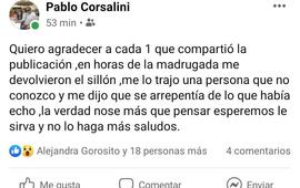 La publicaci&oacute;n que realiz&oacute; Pablo Corsalini tras la devoluci&oacute;n del sill&oacute;n robado.