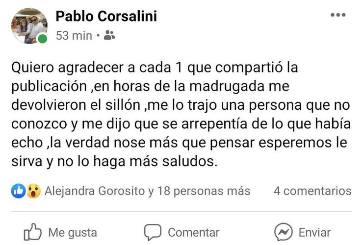 La publicación que realizó Pablo Corsalini tras la devolución del sillón robado.