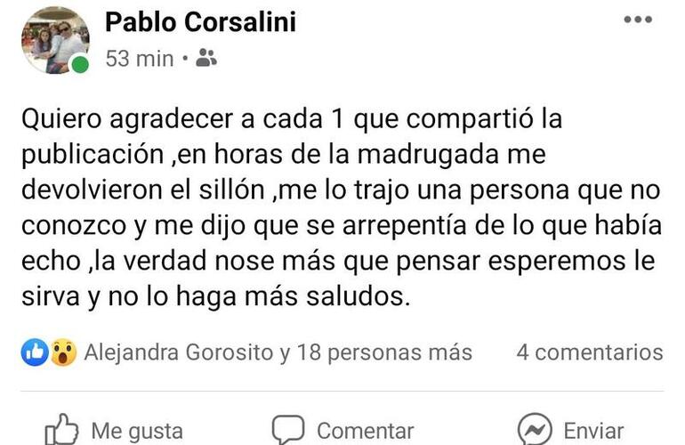 La publicación que realizó Pablo Corsalini tras la devolución del sillón robado.