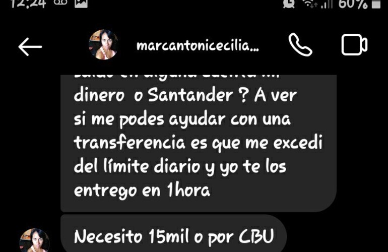Captura de la conversación iniciada por la persona que hackeó la cuenta de Cecilia