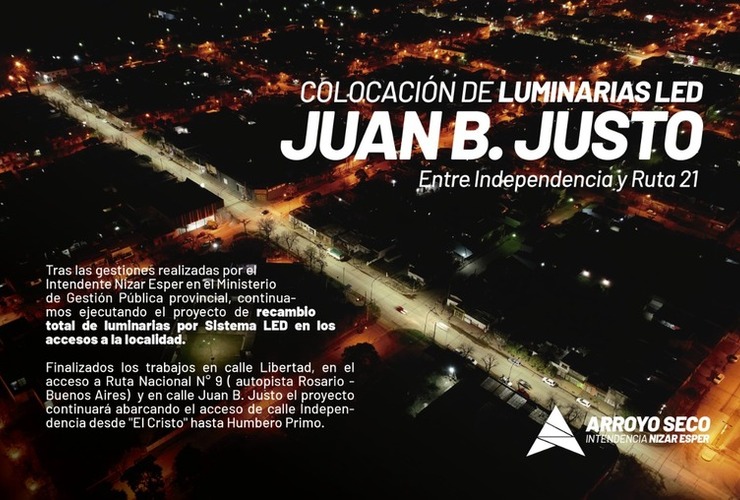 Imagen de Colocación de luminaria led: Juan B. Justo entre Independencia y Ruta 21