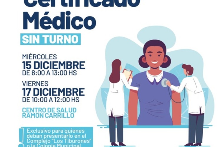 Imagen de Certificado médico exclusivo para quienes deban presentarlo en los tiburones o la colonia de vacaciones municipal