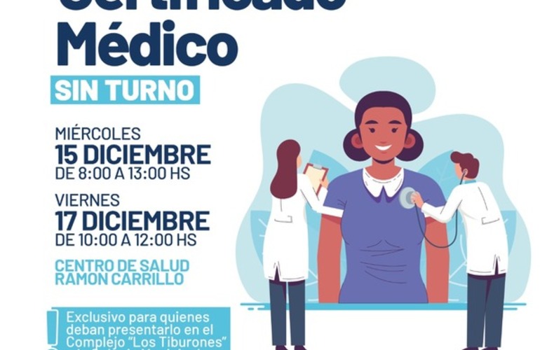 Imagen de Certificado médico exclusivo para quienes deban presentarlo en los tiburones o la colonia de vacaciones municipal