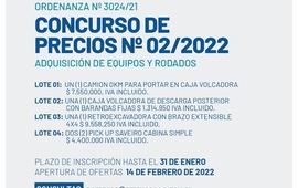 Imagen de Ordenanza N&deg; 3024/21: Concurso de Precios N&deg; 02/2022 por adquisici&oacute;n de equipos y rodados