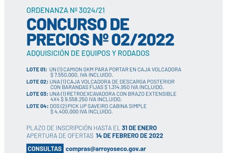 Imagen de Ordenanza N° 3024/21: Concurso de Precios N° 02/2022 por adquisición de equipos y rodados