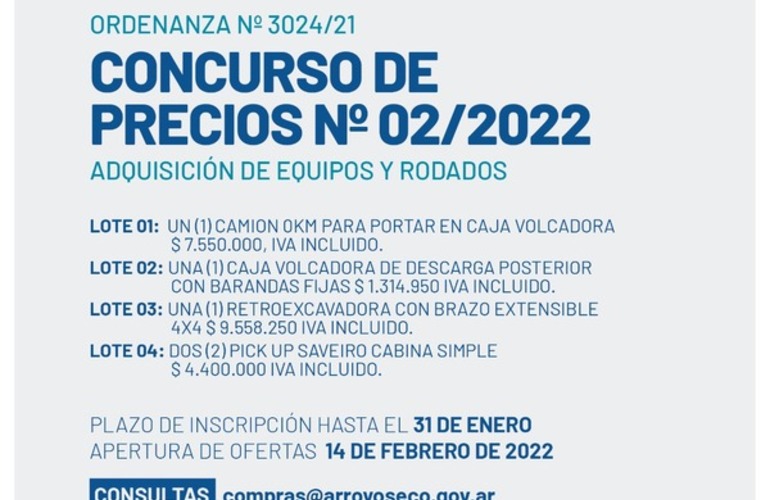 Imagen de Ordenanza N° 3024/21: Concurso de Precios N° 02/2022 por adquisición de equipos y rodados