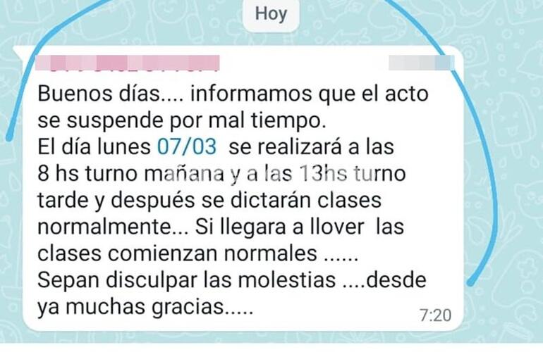 Foto: captura de pantalla mensaje enviado por la escuela a los padres