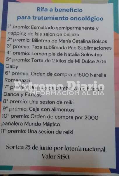 Imagen de Rifa a beneficio de una mujer que est&aacute; transitando un diagn&oacute;stico de c&aacute;ncer