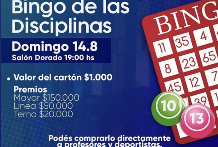 Imagen de A.S.A.C. realizará su Bingo de Disciplinas el 14/08 en el Salón Dorado.