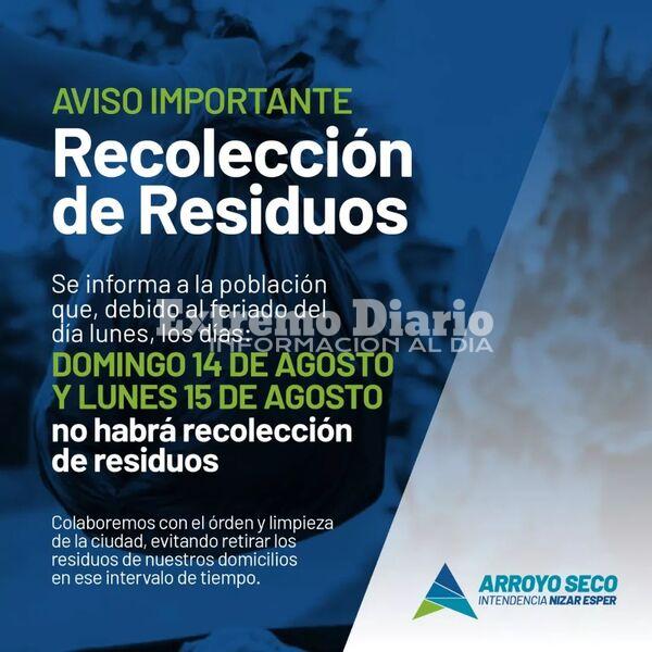 Imagen de El domingo y el lunes no habr&aacute; recolecci&oacute;n de residuos en Arroyo Seco