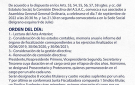 Imagen de El 7/09, A.S.A.C. realizar&aacute; una Convocatoria de Asamblea Ordinaria, con renovaci&oacute;n de Comisi&oacute;n Directiva en otros temas.