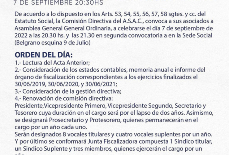 Imagen de El 7/09, A.S.A.C. realizará una Convocatoria de Asamblea Ordinaria, con renovación de Comisión Directiva en otros temas.