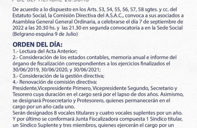 Imagen de El 7/09, A.S.A.C. realizar&aacute; una Convocatoria de Asamblea Ordinaria, con renovaci&oacute;n de Comisi&oacute;n Directiva en otros temas.