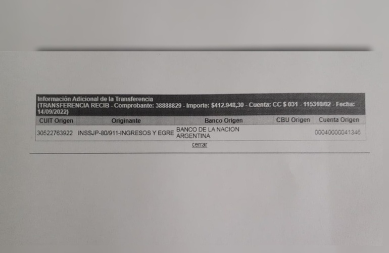 El dinero fue trasferido el 14 de septiembre