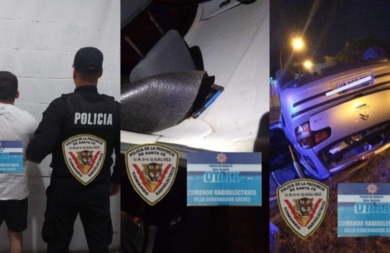 Uno de los detenidos, parte de lo secuestrado y el veh&iacute;culo volcado