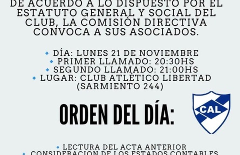 Imagen de Libertad de General Lagos, realizará una Convocatoria de Asamblea General Ordinaria, para el día 21/11.