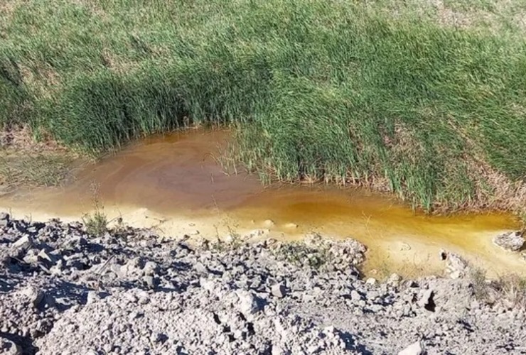 Imagen capturada de líquidos vertidos al curso del río Paraná y lagunas linderas a la fábrica metalúrgica.