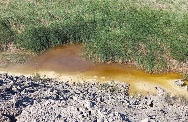 Imagen capturada de líquidos vertidos al curso del río Paraná y lagunas linderas a la fábrica metalúrgica.