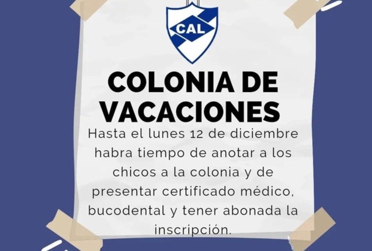 Imagen de La inscripción para la Colonia de vacaciones del C.A.L. será hasta el día 12/12.