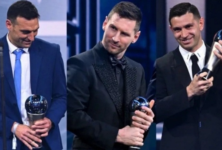 (Scaloni, Messi y Martínez, argentinos campeones del mundo y premiados este lunes por la FIFA.)