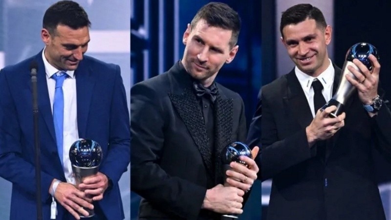 (Scaloni, Messi y Mart&iacute;nez, argentinos campeones del mundo y premiados este lunes por la FIFA.)