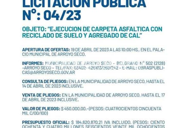 Imagen de Licitaci&oacute;n P&uacute;blica: Ejecuci&oacute;n de carpeta asf&aacute;ltica con reciclado de suelo y agregado de cal