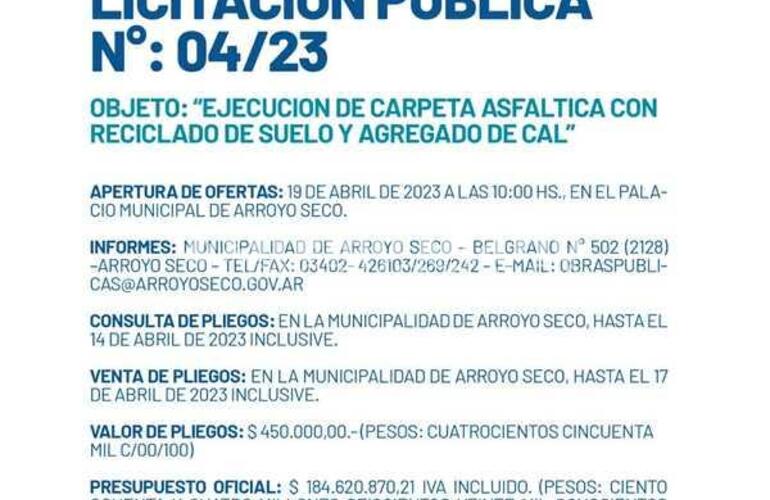 Imagen de Licitación Pública: Ejecución de carpeta asfáltica con reciclado de suelo y agregado de cal