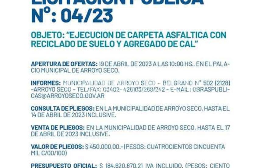 Imagen de Licitaci&oacute;n P&uacute;blica: Ejecuci&oacute;n de carpeta asf&aacute;ltica con reciclado de suelo y agregado de cal