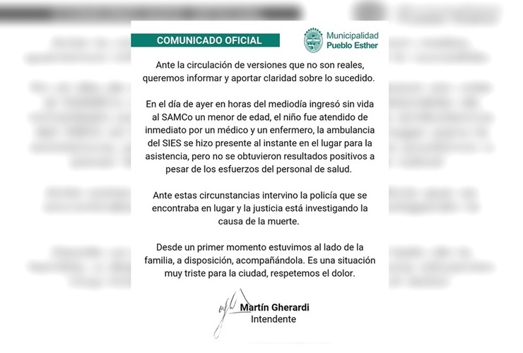 Imagen de La Municipalidad de Pueblo Esther emitió un comunicado tras el fallecimiento de un menor