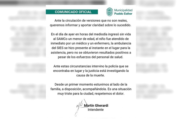 Imagen de La Municipalidad de Pueblo Esther emitió un comunicado tras el fallecimiento de un menor