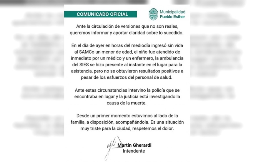 Imagen de La Municipalidad de Pueblo Esther emiti&oacute; un comunicado tras el fallecimiento de un menor