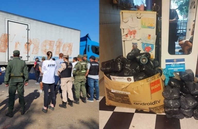 El operativo de Gendarmería y Prefectura (izquierda) en General Lagos; el procedimiento en Forest al 7600 (derecha). (Rosario3)