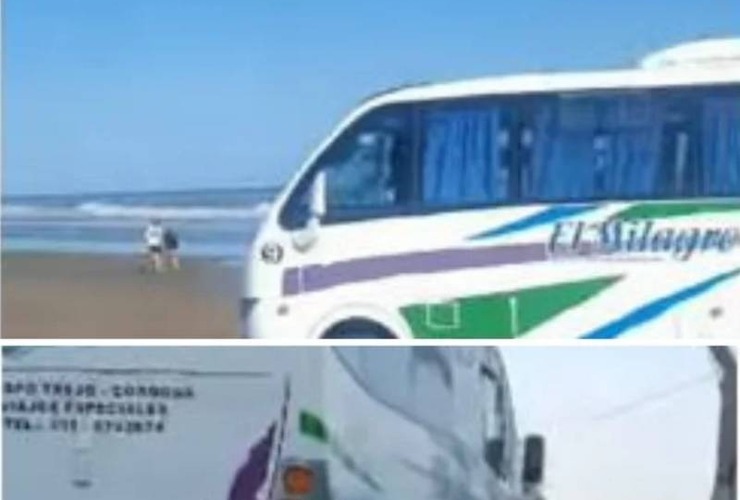 Imagen de Un micro con 25 pasajeros bajó a la playa, se quedó atascado en la arena y debió ser rescatado por tres camionetas