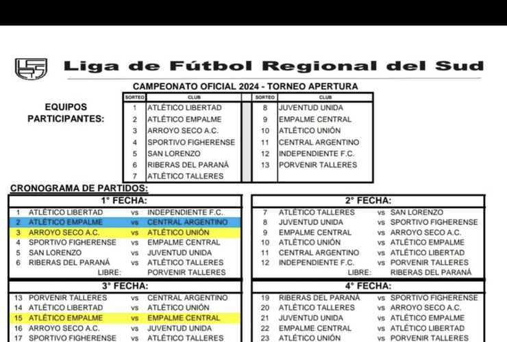 Imagen de Se sorteó el Fixture de la Liga Regional del Sud 2024: A.S.A.C. vs C.A.U. en la fecha 1.