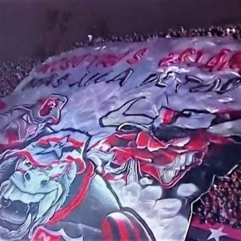 La bandera de "Los Monos" expuesta durante el evento en el estadio de NOB